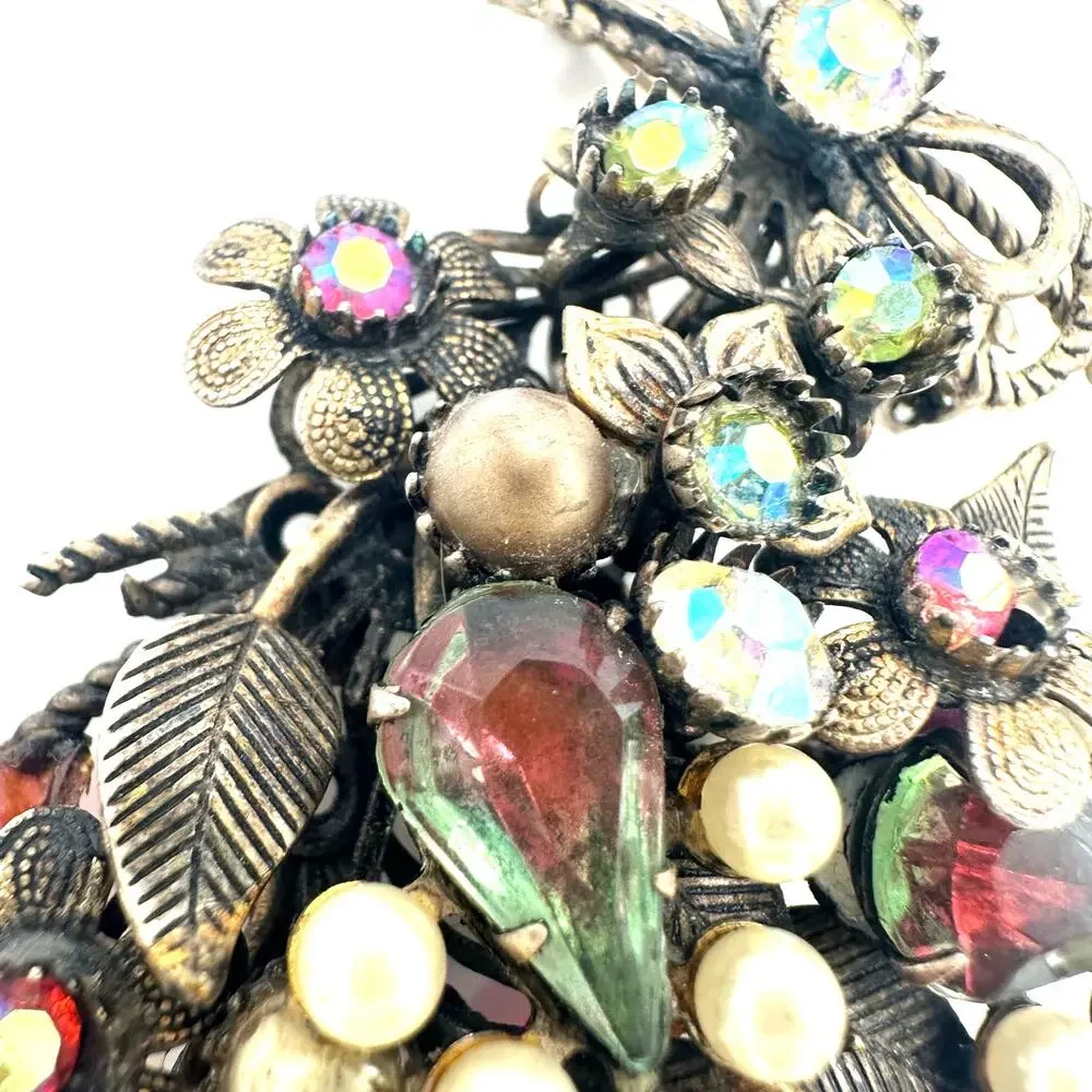 Vintage gold tone pink green AB rhinestones art glass faux pearls brooch